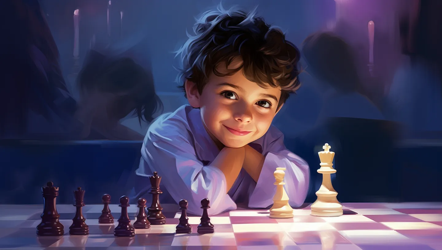 A cute smiling boy with a chess board and pieces.